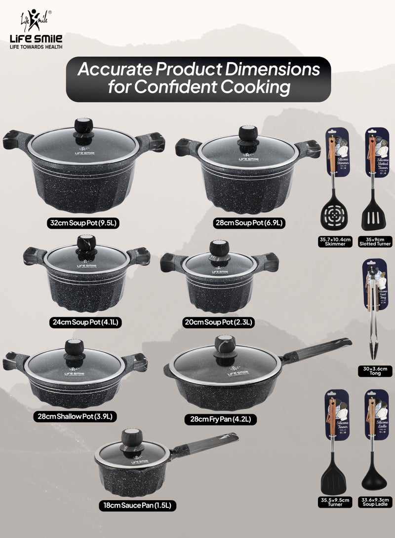 Life Smile Granite Nonstick Cookwares with Glass Lids & Utensils-Cookware Set includes Soup Pots( 32cm, 28cm,24cm, 20cm), 28cm Fry Pan, 28cm Shallow Pots,18cm Saucepan - Image 5
