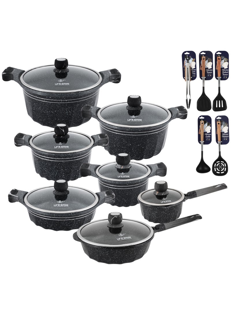 Life Smile Granite Nonstick Cookwares with Glass Lids & Utensils-Cookware Set includes Soup Pots( 32cm, 28cm,24cm, 20cm), 28cm Fry Pan, 28cm Shallow Pots,18cm Saucepan - Image 1