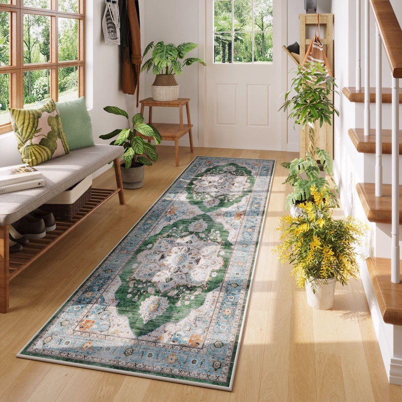 Rugcomf Vintage Medallion Kitchen Rugs Non Slip Washable 2'7"x8' - Low Pile Runner Rug, Boho Carpet for Hallways, Laundry, Bedroom, Bathroom - Green - Image 2