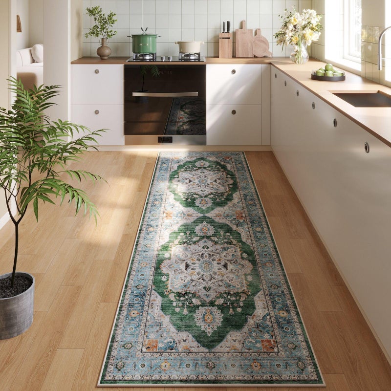 Rugcomf Vintage Medallion Kitchen Rugs Non Slip Washable 2'7"x8' - Low Pile Runner Rug, Boho Carpet for Hallways, Laundry, Bedroom, Bathroom - Green - Image 1