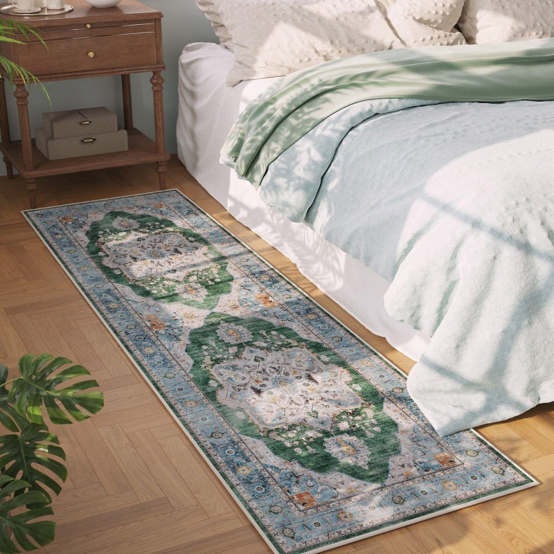 Rugcomf Vintage Medallion Kitchen Rugs Non Slip Washable 2'7"x8' - Low Pile Runner Rug, Boho Carpet for Hallways, Laundry, Bedroom, Bathroom - Green - Image 3