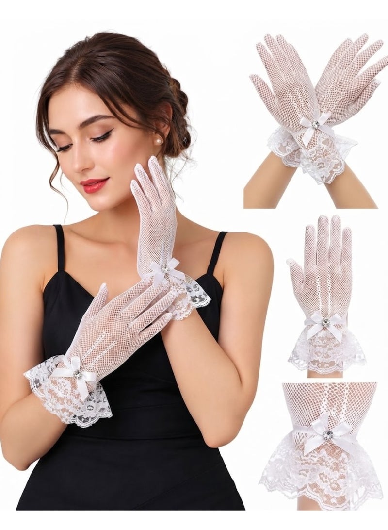 Women's stone-embellished lace gloves made of stretchy nylon fabric; suitable for weddings and evening events. - Image 1