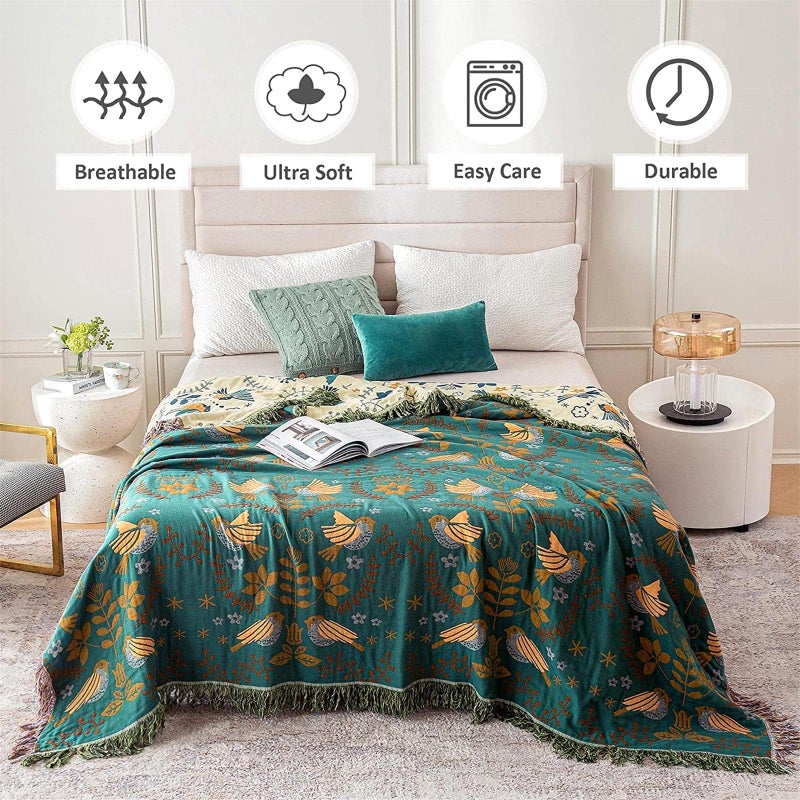 LUTBM Boho Throw Blanket for Bed 100% Cotton Soft Quilt Spring Lightweight Blanket Bird Floral Embroidery Room Decor Twin Bed Blankets,60"x80" All Season Breathable Throw for Sofa&Couch Chair - Image 2