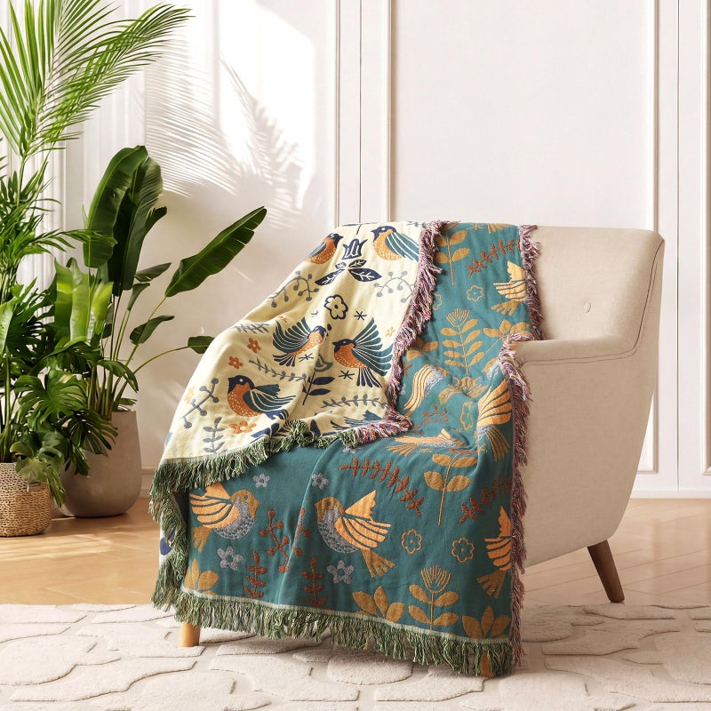 LUTBM Boho Throw Blanket for Bed 100% Cotton Soft Quilt Spring Lightweight Blanket Bird Floral Embroidery Room Decor Twin Bed Blankets,60"x80" All Season Breathable Throw for Sofa&Couch Chair - Image 4