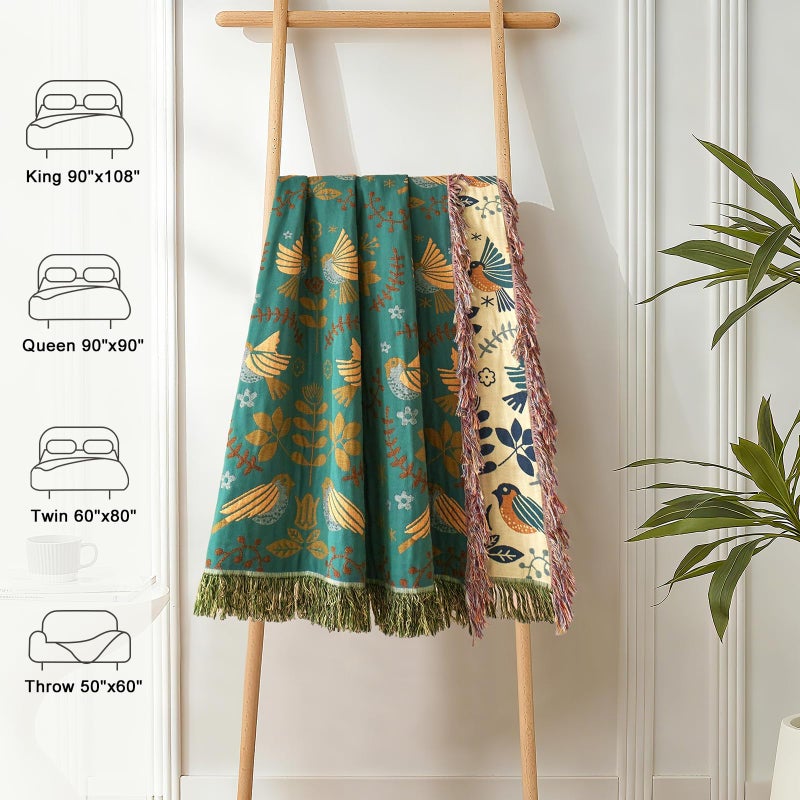LUTBM Boho Throw Blanket for Bed 100% Cotton Soft Quilt Spring Lightweight Blanket Bird Floral Embroidery Room Decor Twin Bed Blankets,60"x80" All Season Breathable Throw for Sofa&Couch Chair - Image 5