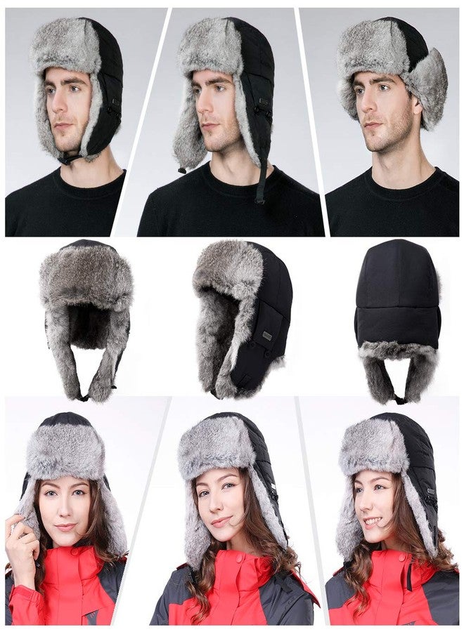 Comhats Black XXX-Large 3XL XXXL Winter Earflap Trapper Hat Extra Big Heads Size 8 Men's Trooper 100% Rabbit Fur Lined Russian Ushanka - Image 4