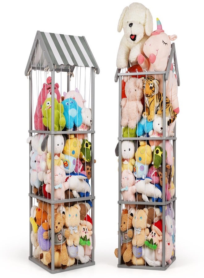 Edudif Stuffed Animal Storage, Space Saving Vertical Stuffed Animal Holder Wood, Easy Assembly Cottage-Style Plush Toys Organizer for Kids Bedroom & Playroom (Gray) - Image 1