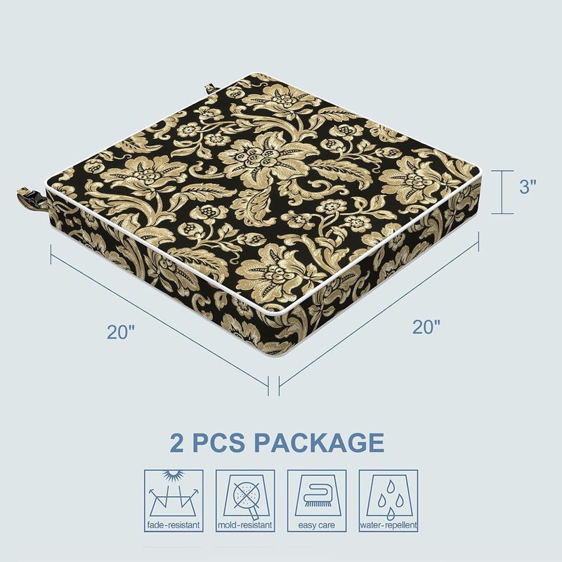 LVTXIII Outdoor Chair Cushions 20x20x3 Inch, Square Water-Repellent Patio Seat Cushions with Ties & Hidden Zipper, 2 Pack Thick Foam Chair Pads for Garden Furniture, Jacobean Black - Image 3