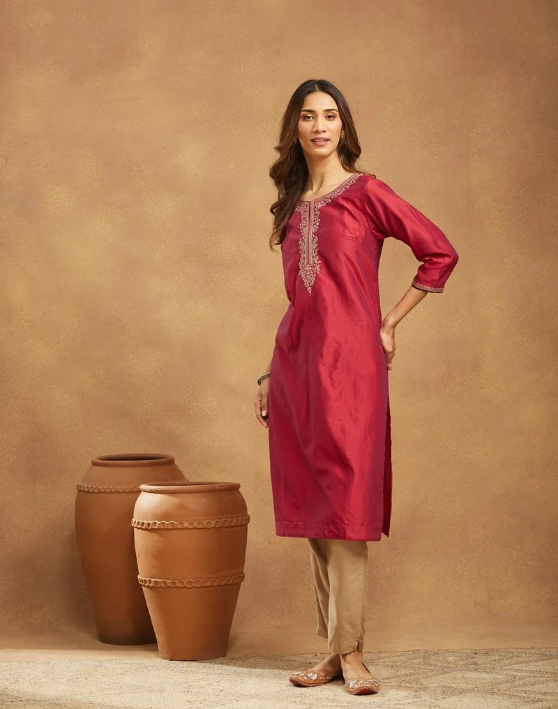 Fabindia  Wine Cotton Silk Embroidered Long Kurta for Women | Best Price UAE