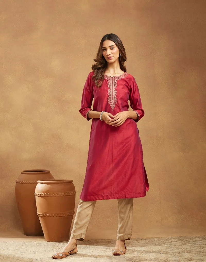 فاب انديا Wine Cotton Silk Embroidered Long Kurta