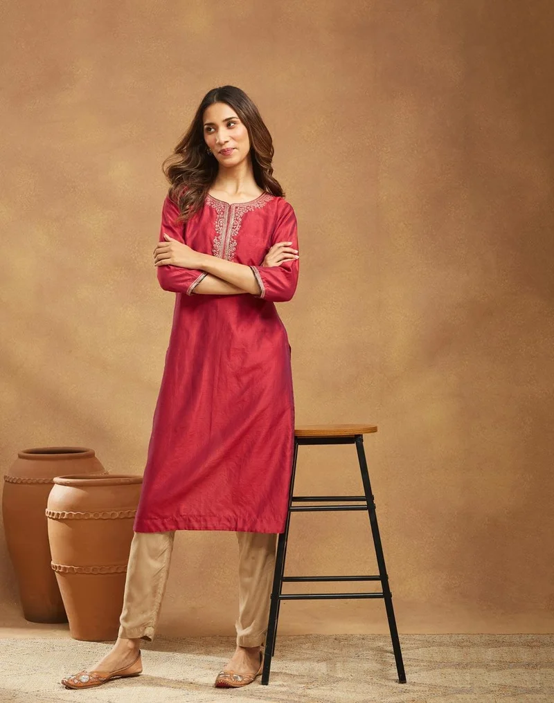 فاب انديا Wine Cotton Silk Embroidered Long Kurta