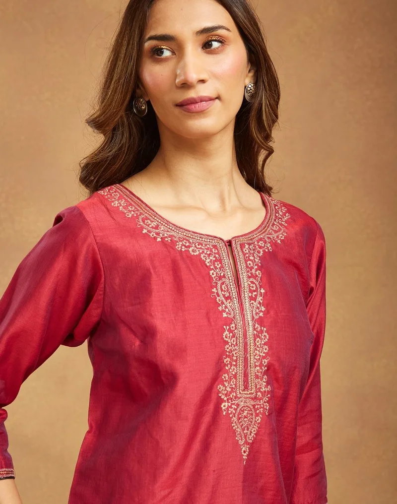 Fabindia  Wine Cotton Silk Embroidered Long Kurta for Women | Best Price UAE