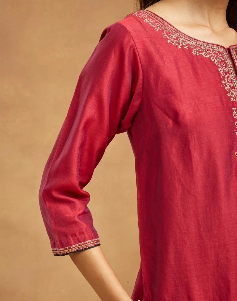 Fabindia  Wine Cotton Silk Embroidered Long Kurta for Women | Best Price UAE