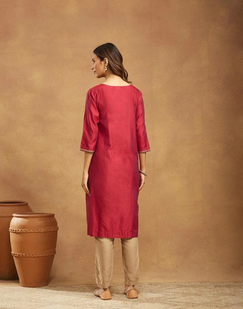 Fabindia  Wine Cotton Silk Embroidered Long Kurta for Women | Best Price UAE