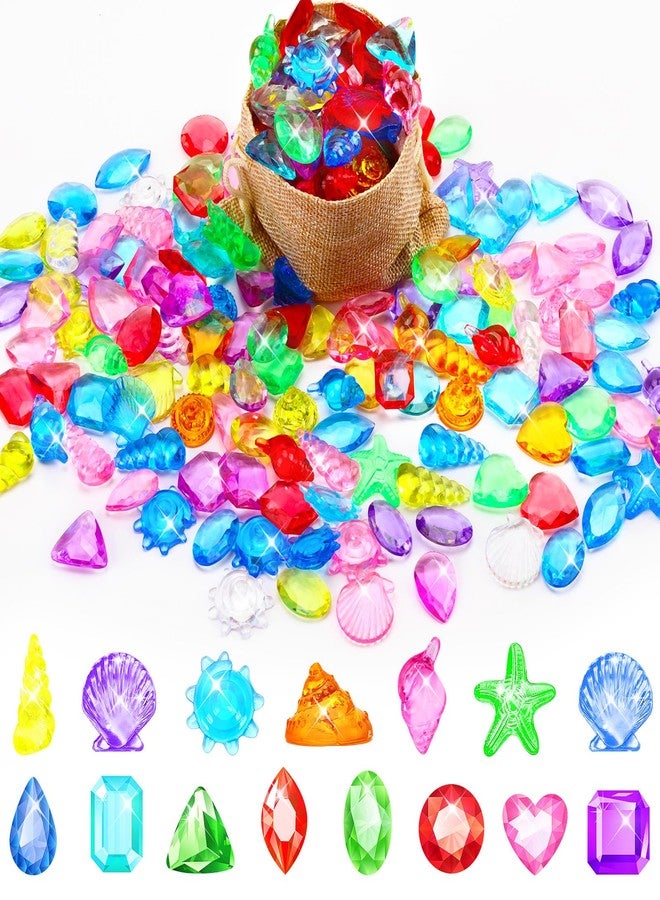 MARFOREVER 150 Pcs Diving Gems Pool Toys, Colorful Acrylic Diamond Fake Gemstones Pirate Treasure Jewels with Burlap Bag for Vase Filler Summer Mermaid Bath Toys Beach Underwater Party Favors - Image 1