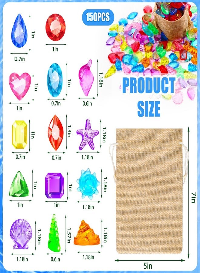 MARFOREVER 150 Pcs Diving Gems Pool Toys, Colorful Acrylic Diamond Fake Gemstones Pirate Treasure Jewels with Burlap Bag for Vase Filler Summer Mermaid Bath Toys Beach Underwater Party Favors - Image 2