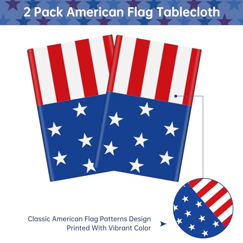 Litmitfu 2 Pack 4th of July Tablecloth - Patriotic American Flag Table Cloth, Plastic Disposable Rectangle USA Star Stripe Table Cover for Memorial day, Fourth of July Independence Day Decorations, 54" x 108" - Image 4