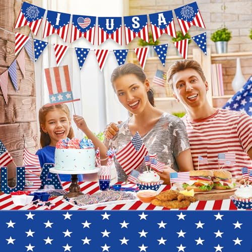 Litmitfu 2 Pack 4th of July Tablecloth - Patriotic American Flag Table Cloth, Plastic Disposable Rectangle USA Star Stripe Table Cover for Memorial day, Fourth of July Independence Day Decorations, 54" x 108" - Image 2
