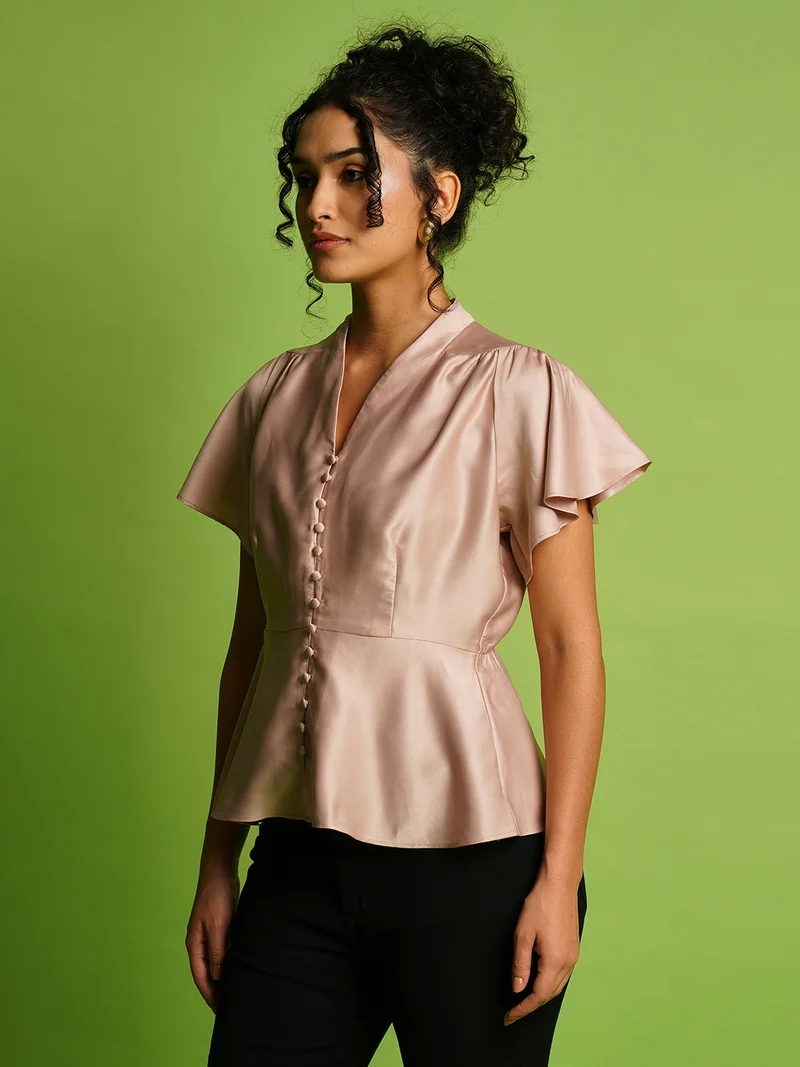 globus Women Solid V-Neck Gathered Flutter Sleeve Peplum Top
