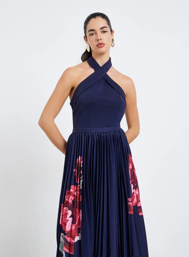 ستايلي فستان ميدي كحلي بطبعة زهور بحافة واسعة