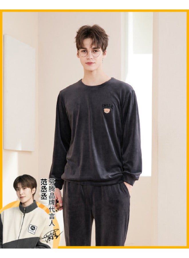 Fenton 280g Couple's Round Neck Warm Fleece Homewear Men's Pajama Set For Autumn/winter - Image 1