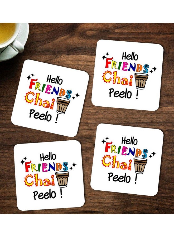 ASHVAH Hello Friends chai peelo Print/Typography Tea/Coffee Mug/Designer Handmade Wooden Coaster Set for Home Kitchen, Office Desk - Set of 4 - Square: 10cm - Image 1