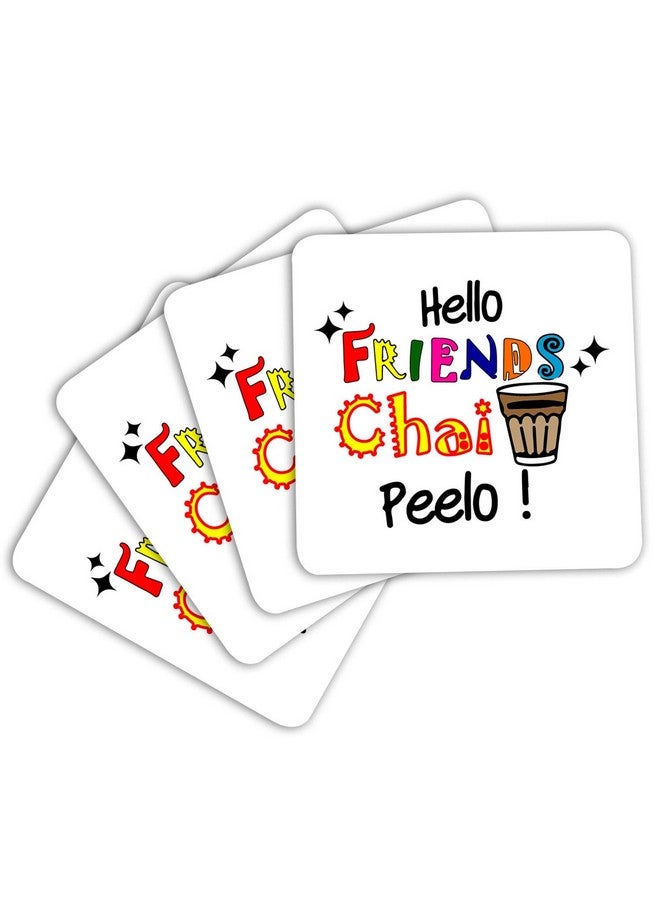 ASHVAH Hello Friends chai peelo Print/Typography Tea/Coffee Mug/Designer Handmade Wooden Coaster Set for Home Kitchen, Office Desk - Set of 4 - Square: 10cm - Image 3