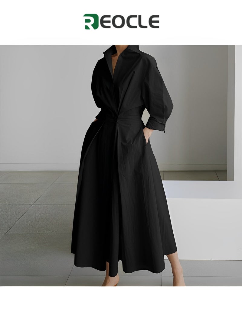 REOCLE - Dress Elegant Women Spring Autumn Sundress Lapel Neck Long Sleeve Solid Long Shirt Dress - Image 1