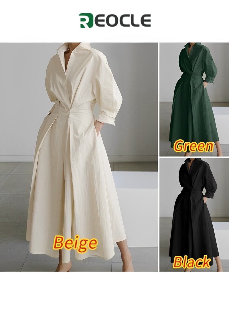 REOCLE - Dress Elegant Women Spring Autumn Sundress Lapel Neck Long Sleeve Solid Long Shirt Dress - Image 1