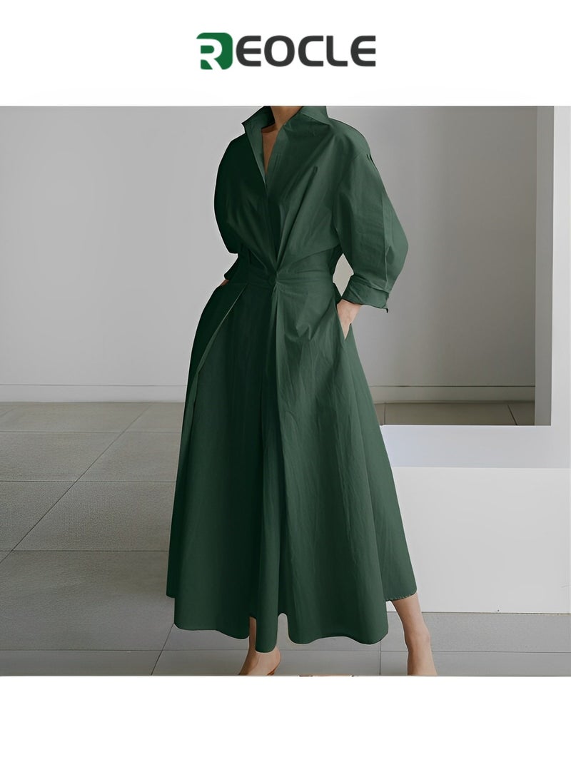 REOCLE - Dress Elegant Women Spring Autumn Sundress Lapel Neck Long Sleeve Solid Long Shirt Dress - Image 1