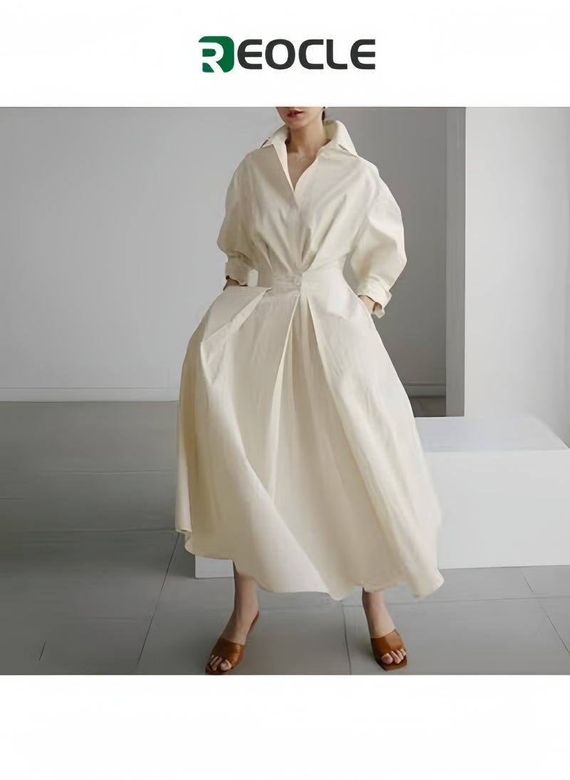 REOCLE - Dress Elegant Women Spring Autumn Sundress Lapel Neck Long Sleeve Solid Long Shirt Dress - Image 1