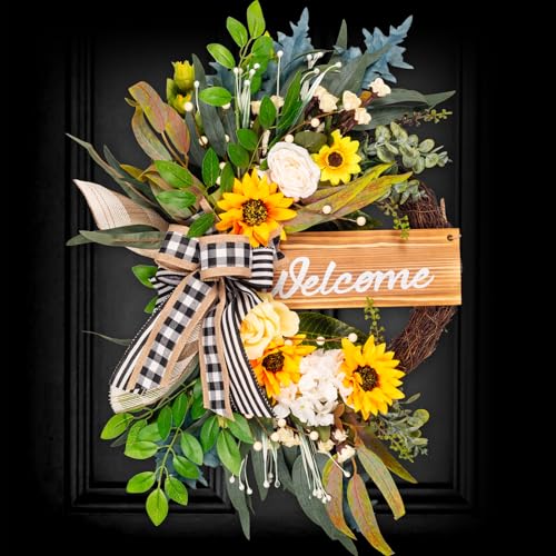 Soosubel Spring Summer Wreaths for Front Door Porch Wall Window, 22" Farmhouse Sunflower Welcome Sign Wreath for Home Decor Outdoor Indoor - Image 1