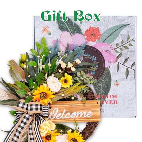 Soosubel Spring Summer Wreaths for Front Door Porch Wall Window, 22" Farmhouse Sunflower Welcome Sign Wreath for Home Decor Outdoor Indoor - Image 3