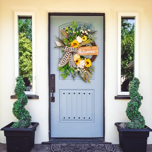 Soosubel Spring Summer Wreaths for Front Door Porch Wall Window, 22" Farmhouse Sunflower Welcome Sign Wreath for Home Decor Outdoor Indoor - Image 4