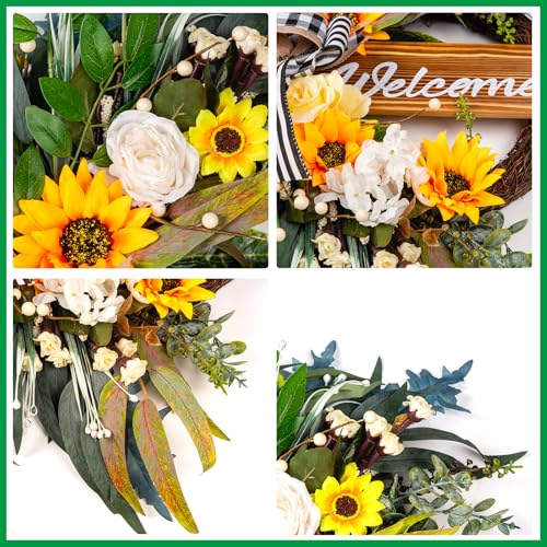 Soosubel Spring Summer Wreaths for Front Door Porch Wall Window, 22" Farmhouse Sunflower Welcome Sign Wreath for Home Decor Outdoor Indoor - Image 2