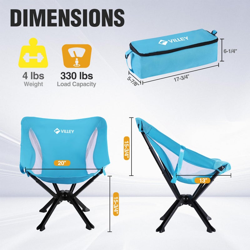 VILLEY Portable Folding Chair Lightweight Camping Chair No Assembly Needed, Quick Setup for Beach, Hiking, Supports 330 LBS, Blue - Image 2