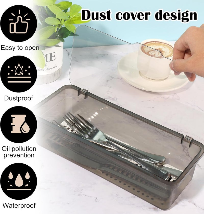 Rainmae 3Pcs Flatware Tray with Lid and Drainer Large Plastic Silverware Utensil Kitchen Drawer Organizer Clear Cutlery Storage Container with Cover Dinnerware Holder Box for Home and Travel - Image 4