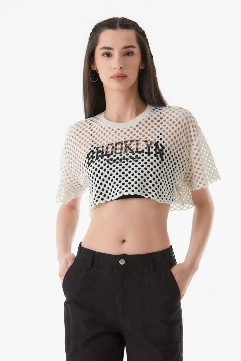 فولامودا Printed Openwork Knitwear Crop Blouse