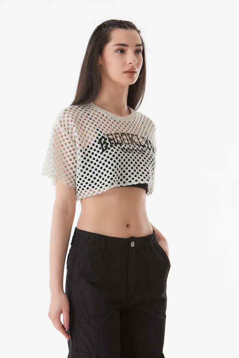فولامودا Printed Openwork Knitwear Crop Blouse