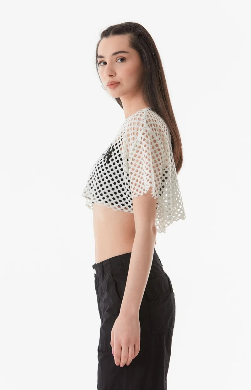 فولامودا Printed Openwork Knitwear Crop Blouse