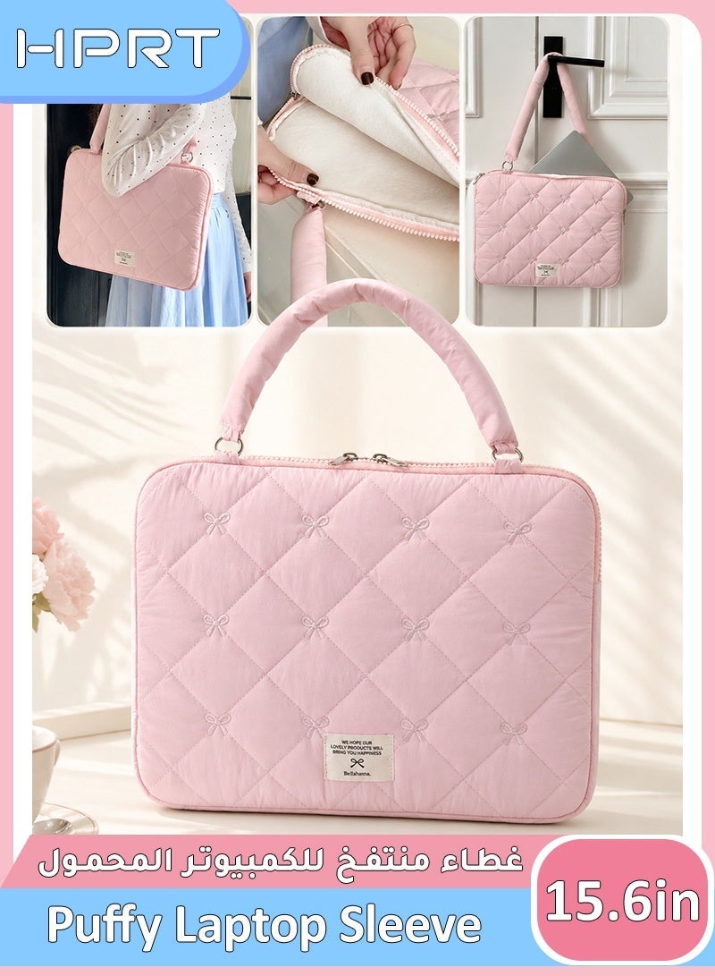 HPRT Puffy Laptop Sleeve 13-15.6 Inch, Quilted Laptop Case with Embroidery Bow, Water Resistant Computer Bag for Women, Protective Carrying Case for MacBook Pro/Air, HP, Dell (Pink) - Image 1