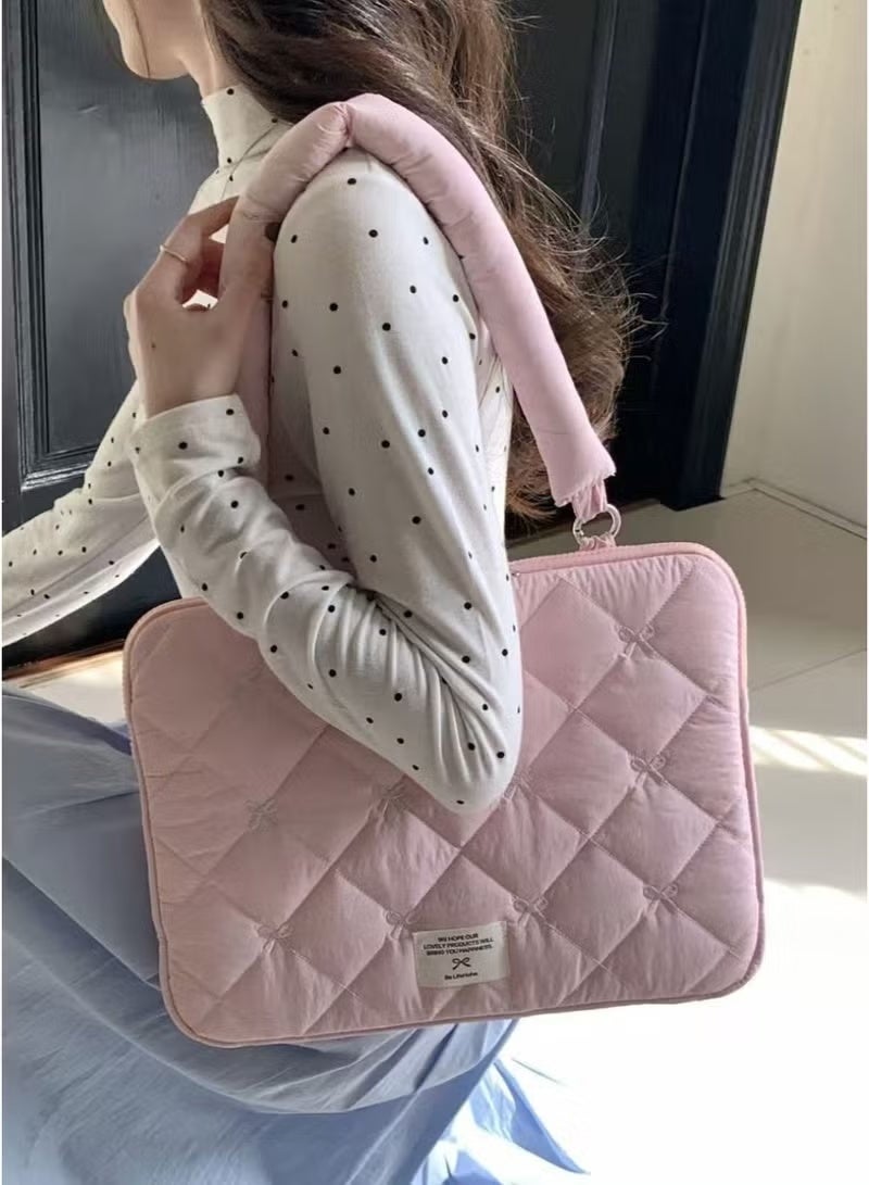 HPRT Puffy Laptop Sleeve 13-15.6 Inch, Quilted Laptop Case with Embroidery Bow, Water Resistant Computer Bag for Women, Protective Carrying Case for MacBook Pro/Air, HP, Dell (Pink) - Image 2