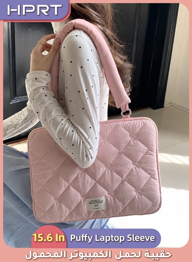 HPRT Puffy Laptop Sleeve 13-15.6 Inch, Quilted Laptop Case with Embroidery Bow, Water Resistant Computer Bag for Women, Protective Carrying Case for MacBook Pro/Air, HP, Dell (Pink) - Image 1