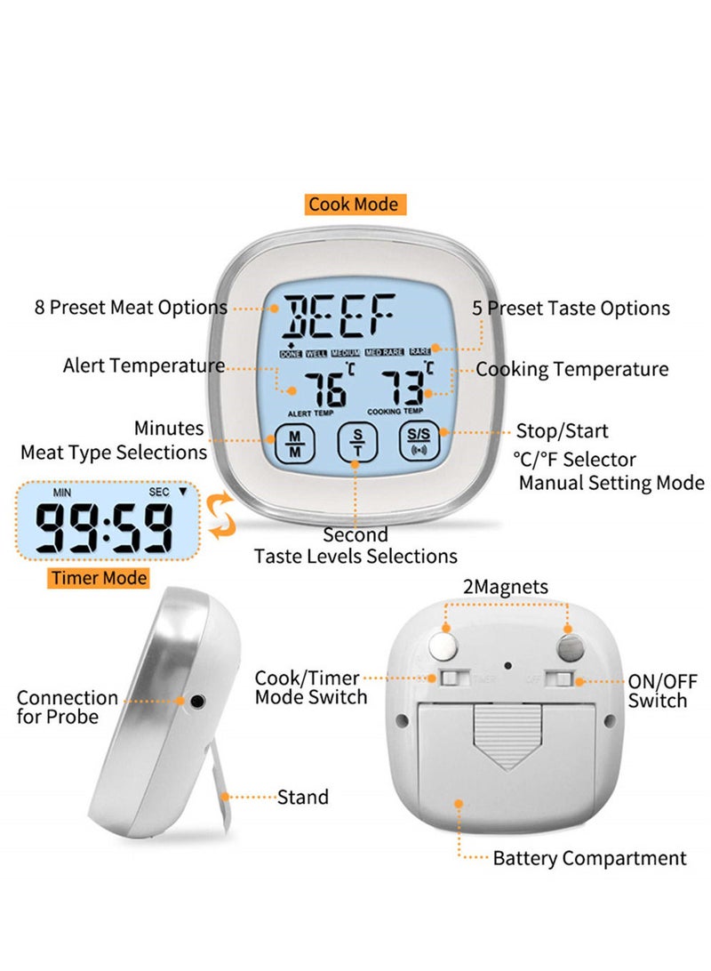 Digital Touchscreen Meat Thermometer with Timer Alert Food Grade Probe for Kitchen Cooking BBQ Grill - Image 2