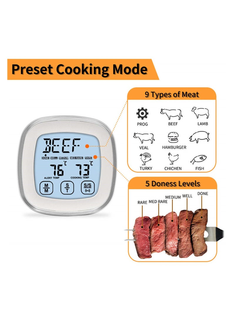 Digital Touchscreen Meat Thermometer with Timer Alert Food Grade Probe for Kitchen Cooking BBQ Grill - Image 3