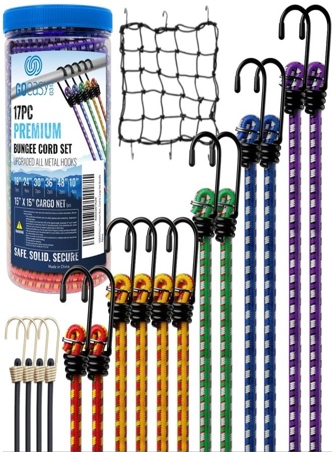 GOEASY0312 Premium Bungee Cords Heavy Duty - 17 Piece Bungee Cords with Hooks in A Storage Jar Includes 10", 18", 24", 30", 36", 48" Bungie Cord & Cargo Net Bundle - Image 1