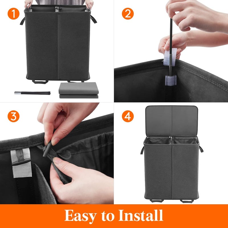 Lifewit Double Laundry Hamper with Lid and Removable Laundry Bags, Large Collapsible 2 Dividers Dirty Clothes Basket with Handles for Bedroom, Laundry Room, Closet, Bathroom, College, Black - Image 3