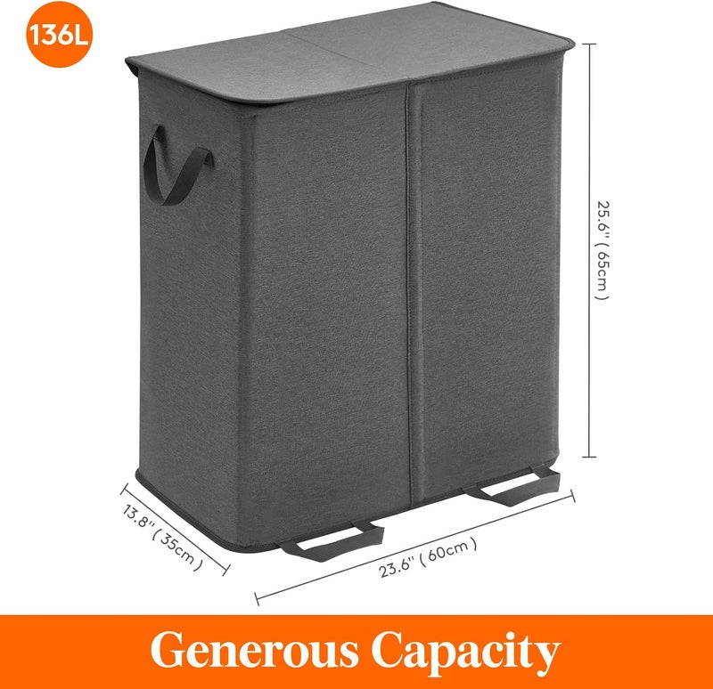 Lifewit Double Laundry Hamper with Lid and Removable Laundry Bags, Large Collapsible 2 Dividers Dirty Clothes Basket with Handles for Bedroom, Laundry Room, Closet, Bathroom, College, Black - Image 5