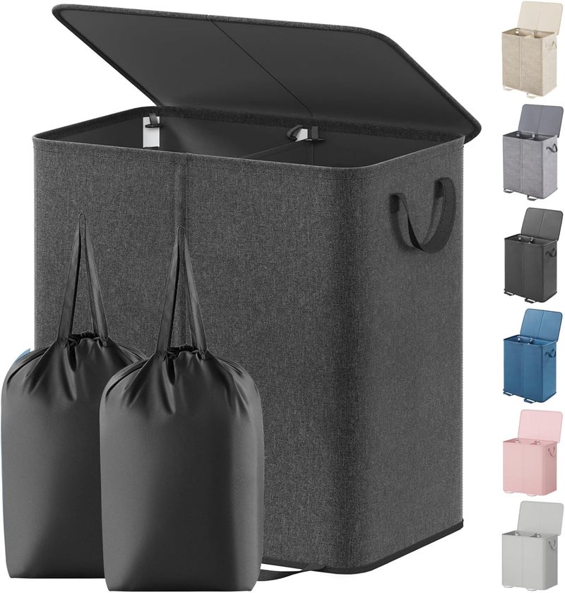 Lifewit Double Laundry Hamper with Lid and Removable Laundry Bags, Large Collapsible 2 Dividers Dirty Clothes Basket with Handles for Bedroom, Laundry Room, Closet, Bathroom, College, Black - Image 1