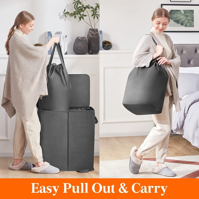 Lifewit Double Laundry Hamper with Lid and Removable Laundry Bags, Large Collapsible 2 Dividers Dirty Clothes Basket with Handles for Bedroom, Laundry Room, Closet, Bathroom, College, Black - Image 4